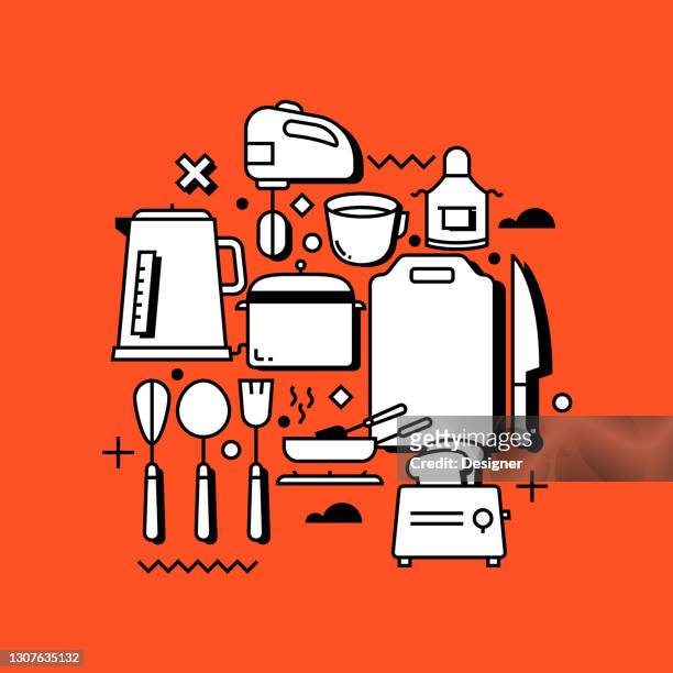 kitchen tools related line design style web banner - turner contemporary stock illustrations