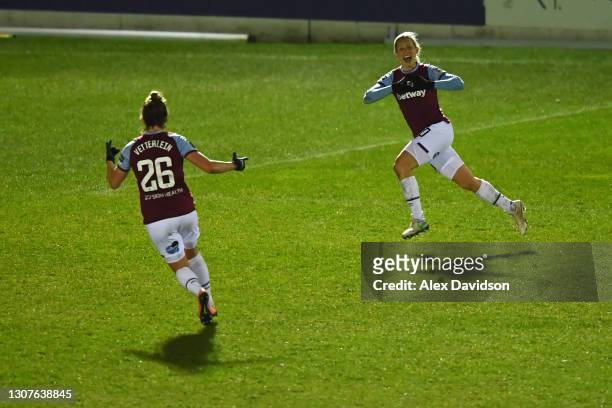 Katerina Svitkova of West Ham United celebrates with Laura Vetterlein after scoring their team's second goal during the Barclays FA Women's Super...