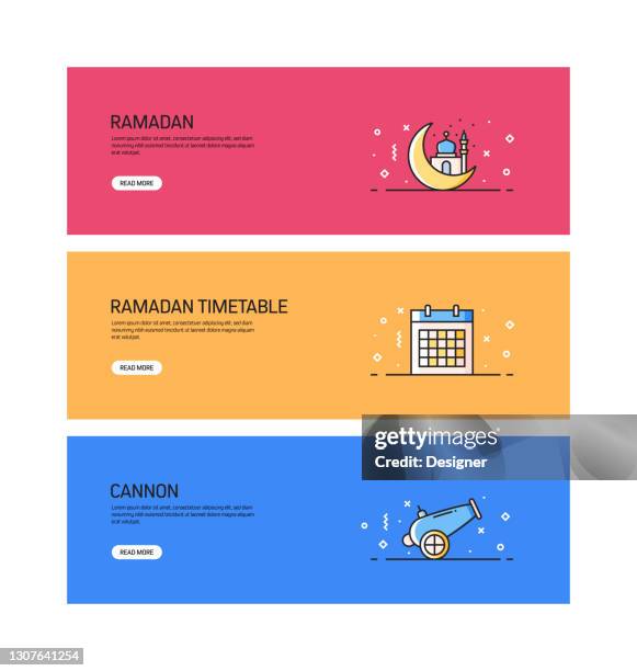 ramadan related flat line banner design with icons - iftar stock illustrations