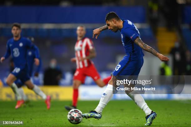 Emerson Palmieri of Chelsea scores their team's second goal during the UEFA Champions League Round of 16 match between Chelsea FC and Atletico Madrid...