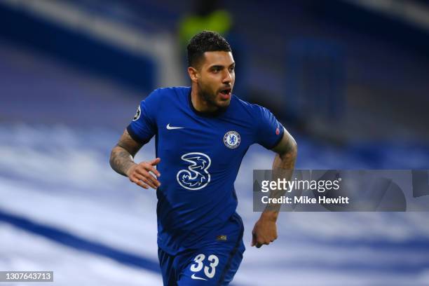 Emerson Palmieri of Chelsea celebrates after scoring their team's second goal during the UEFA Champions League Round of 16 match between Chelsea FC...
