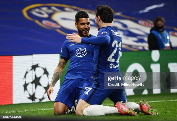 Emerson Palmieri of Chelsea celebrates with Ben Chilwell after scoring their team's second goal during the UEFA Champions League Round of 16 match...