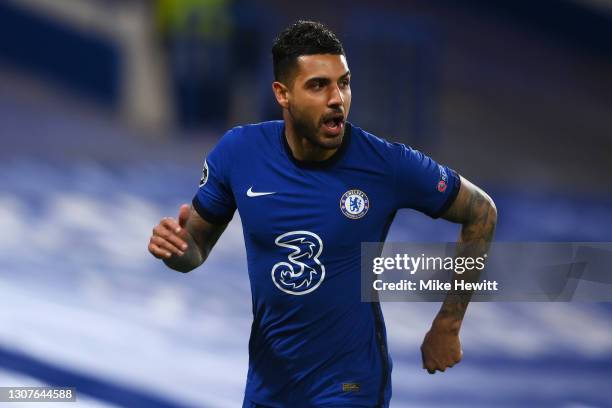 Emerson Palmieri of Chelsea celebrates after scoring their team's second goal during the UEFA Champions League Round of 16 match between Chelsea FC...