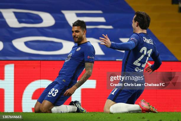 Emerson Palmieri of Chelsea celebrates with Ben Chilwell after scoring their team's second goal during the UEFA Champions League Round of 16 match...
