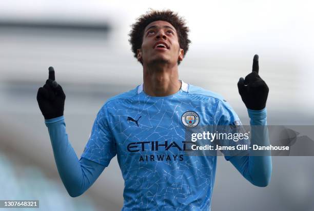 Felix Nmecha of Manchester City celebrates after scoring his teams sixth goal during the Premier League 2 match between Manchester City U23 and...