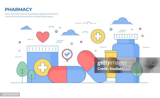 pharmacy thin line illustration - pharmacy vector stock illustrations