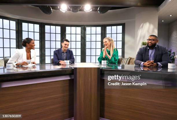 Author Candace Owens, American commentator Ben Shapiro, comedian Nicole Arbour and former police officer Brandon Tatum are seen on set during a...
