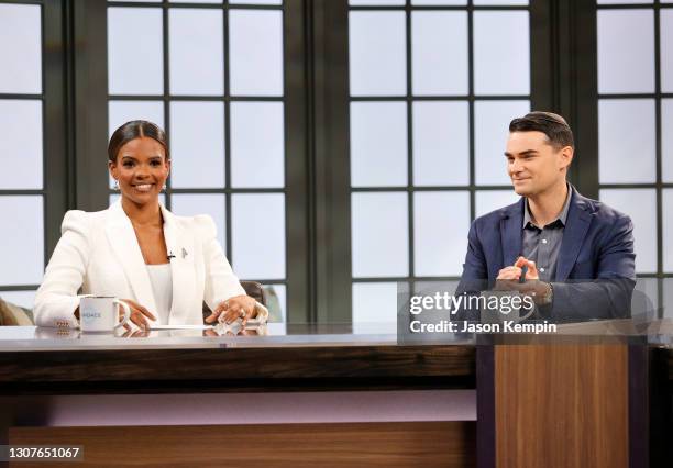 Author Candace Owens and American commentator Ben Shapiro are seen on set during a taping of "Candace" on March 17, 2021 in Nashville, Tennessee. The...