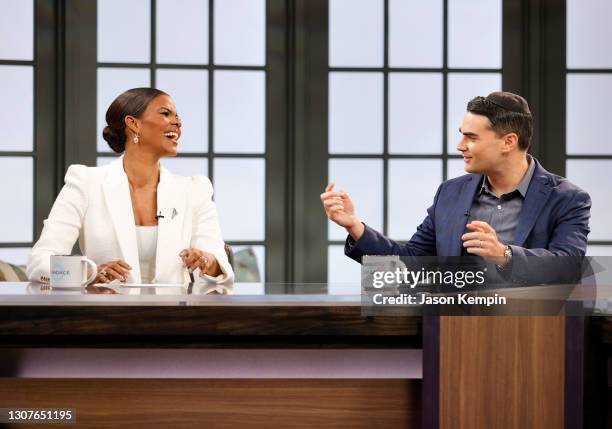 Author Candace Owens and American commentator Ben Shapiro are seen on set during a taping of "Candace" on March 17, 2021 in Nashville, Tennessee. The...