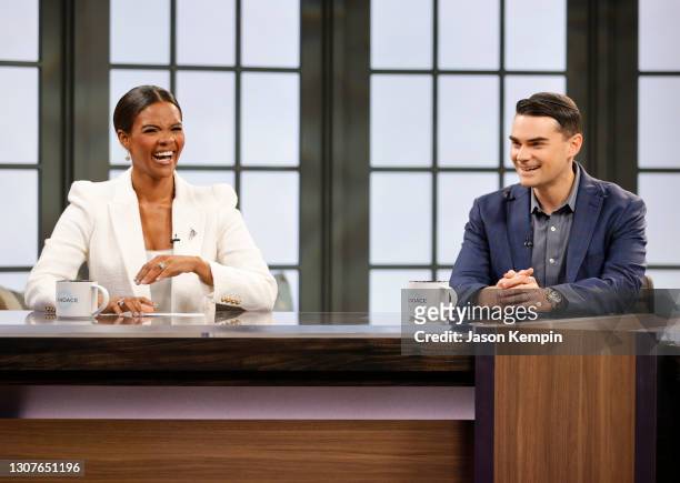 Author Candace Owens and American commentator Ben Shapiro are seen on set during a taping of "Candace" on March 17, 2021 in Nashville, Tennessee. The...