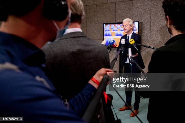 Far-right Freedom Party leader Geert Wilders speaks on the general election results on March 17, 2021 in The Hague, Netherlands. Prime Minister Mark...