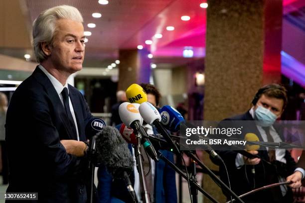 Far-right Freedom Party leader Geert Wilders speaks on the general election results on March 17, 2021 in The Hague, Netherlands. Prime Minister Mark...