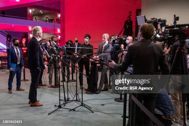 Far-right Freedom Party leader Geert Wilders speaks on the general election results on March 17, 2021 in The Hague, Netherlands. Prime Minister Mark...