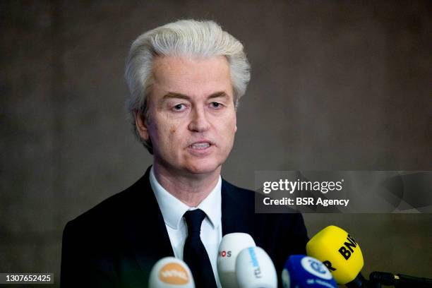 Far-right Freedom Party leader Geert Wilders speaks on the general election results on March 17, 2021 in The Hague, Netherlands. Prime Minister Mark...