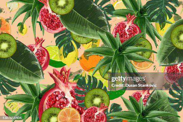 tropical fruit and leaves background - tropical deciduous forest stock illustrations