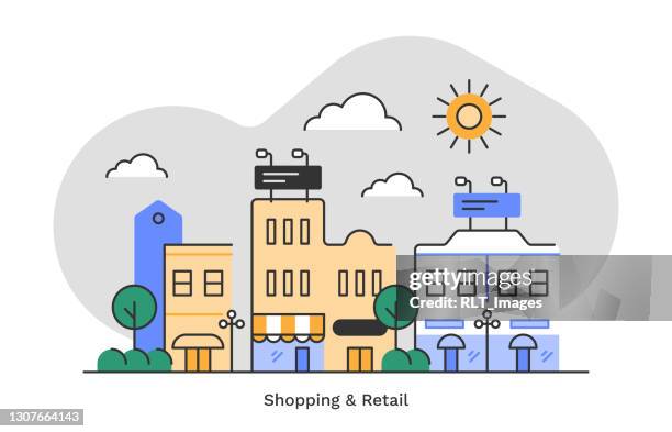 shopping & retail district—flat monoline illustration of urban skyline with editable stroke - high street shop stock illustrations