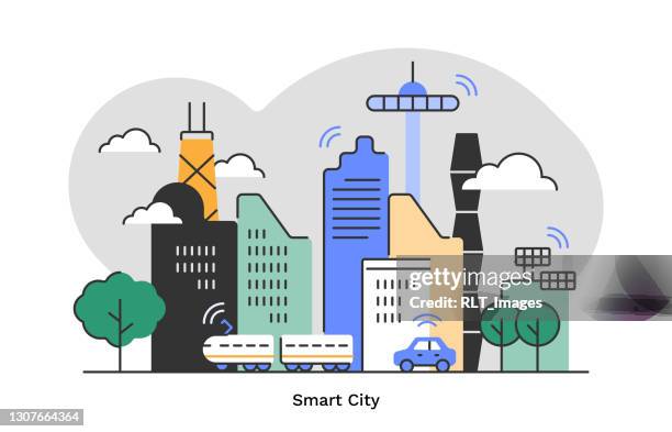 smart city—flat monoline illustration of urban skyline with editable stroke - smart city stock illustrations