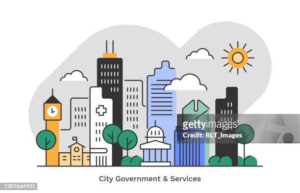 city government & services—flat monoline illustration of urban skyline with editable stroke - clock tower stock illustrations