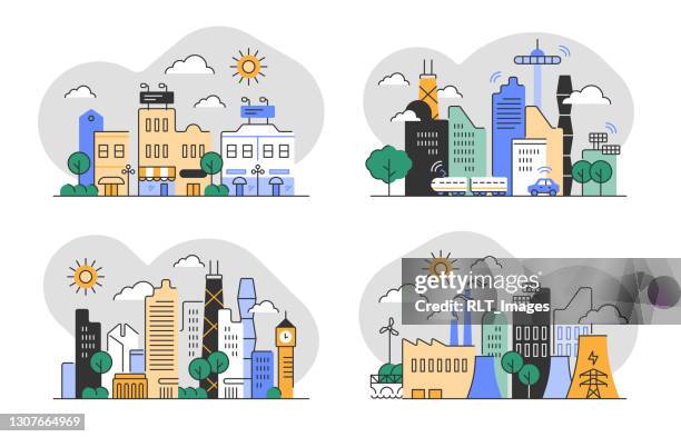set of flat monoline illustration of urban skyline with editable stroke - blue car on green bridge stock illustrations