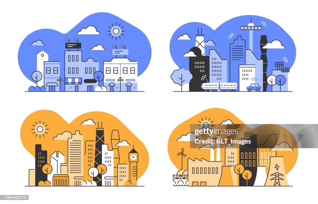 Set of flat monoline illustration of urban skyline with editable stroke