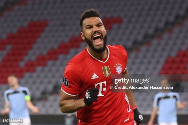 Eric Maxim Choupo-Moting of FC Bayern München celebrates scoring the second team goal during the UEFA Champions League Round of 16 match between...