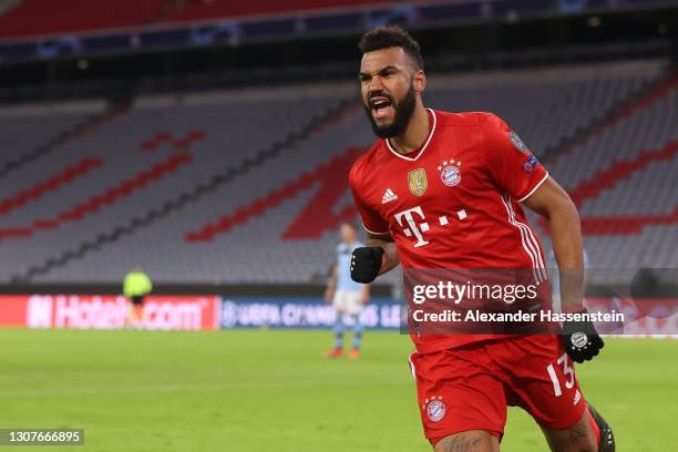 Eric Maxim Choupo-Moting of FC Bayern München celebrates scoring the second team goal during the UEFA Champions League Round of 16 match between...