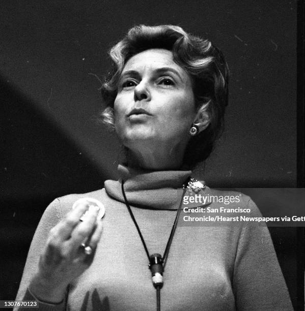 Phyllis Schlafly, pictured, and Mary Dunlap debate the Equal Rights Amendment at Mills College, November 1, 1976. Mills College in Oakland, 169 years...