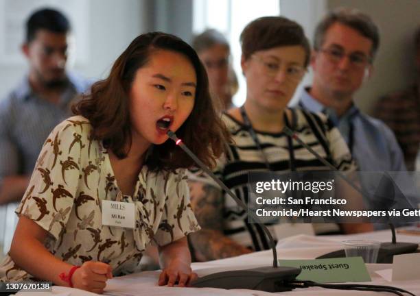 Mi Rae Park testifies in favor of keeping professor Vivian Chin during a board of trustees meeting at Mills College that was opened up for public...