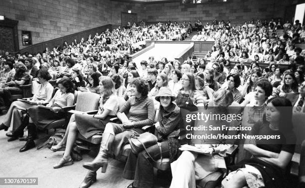 Phyllis Schlafly and Mary Dunlap debate the Equal Rights Amendment at Mills College, November 1, 1976. Mills College in Oakland, 169 years old and...