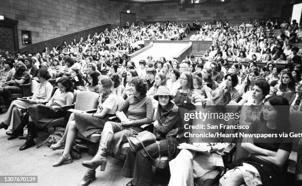 Phyllis Schlafly and Mary Dunlap debate the Equal Rights Amendment at Mills College, November 1, 1976. Mills College in Oakland, 169 years old and...