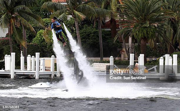 Just off of the docks of the Bahia Mar Yachting Center, a man in a JetLev water powered jet pack amazed the crowd during the Fort Lauderdale...