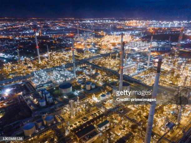 high angle view of working overview of oil industrial aera oil crude produced and oil storage tank - biomass power plant stock pictures, royalty-free photos & images