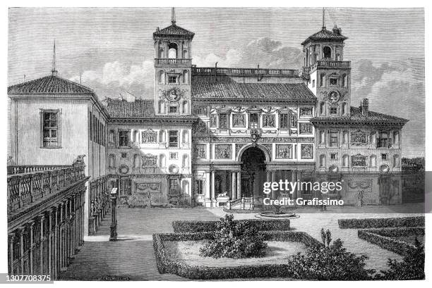 the villa medici in rome italy 1870 - villa borghese stock illustrations