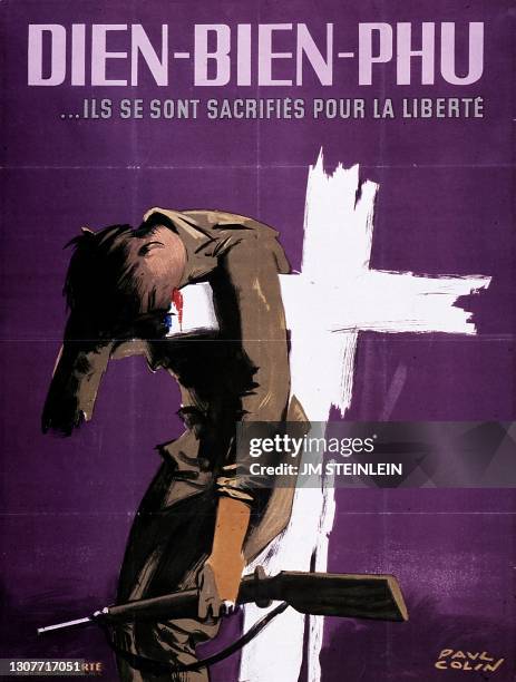 Poster signed Paul COLIN, illustrating the military defeat of French troops at Dien Bien Phu, in Indochina on May 7, 1954.