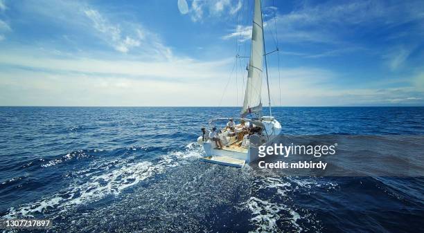 sailing with sailboat, view from drone - sail stock pictures, royalty-free photos & images