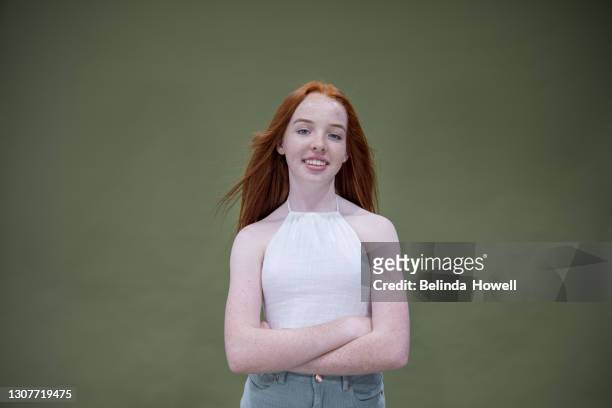 portrait of a teenage girl with red hair - freckle girl stock pictures, royalty-free photos & images