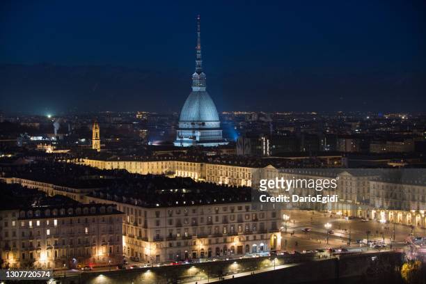 turin, view from above of the center with the mole antonelliana - turin stock pictures, royalty-free photos & images