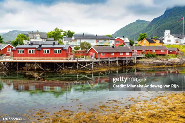 colorful rorbu, traditional architecture on the lofoten island of austvågøya, svolvaer, norway - svolvaer stock pictures, royalty-free photos & images