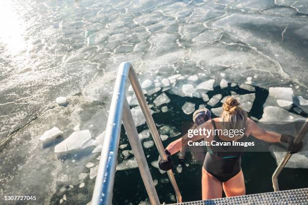 two winter bathers swimming with chunks of ice on sunny day in denmark - adaptable fotografías e imágenes de stock