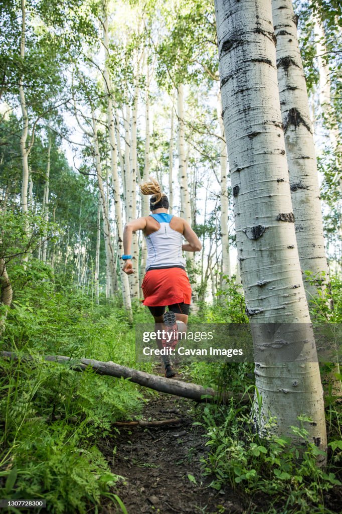 Woman jumps over tree branch while trail running through aspen grove