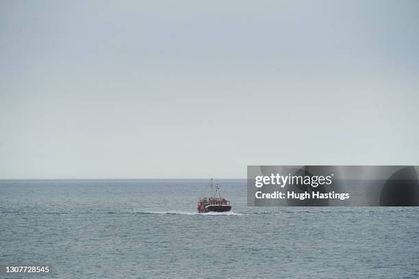 The Harvester II fishing trawler on its return from a day's work to Mylor Harbour on March 16, 2021 in Falmouth, Cornwall, England. The owners of...