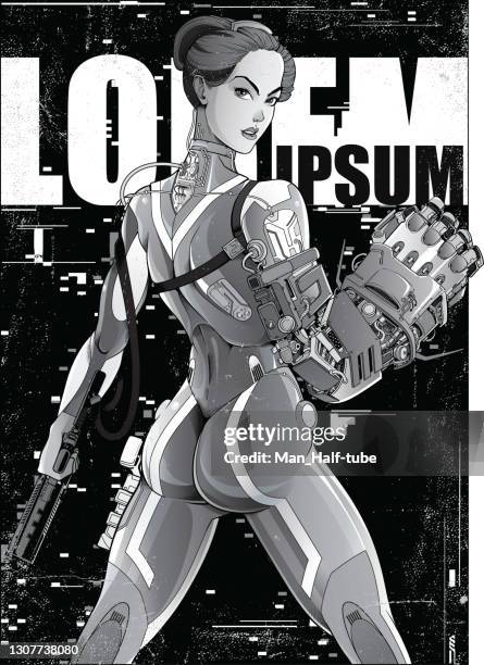 illustrations, cliparts, dessins animés et icônes de cyberpunk manga poster - exosquelette