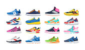 Fitness sneakers shoes set. Comfortable shoes for training, running and walking. Sports shoes of various shapes, training footwear, active sport sneakers cartoon vector