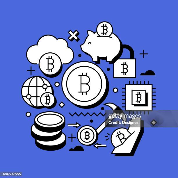 bitcoin related line design style web banner - cryptocurrency mining stock illustrations