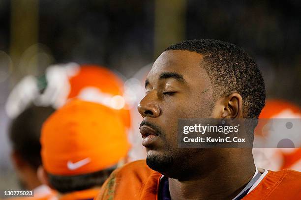 Tajh Boyd of the Clemson Tigers reacts in the final seconds of their 31-17 loss to the Georgia Tech Yellow Jackets at Bobby Dodd Stadium on October...