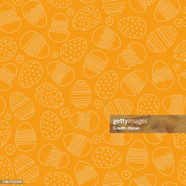 seamless pattern with easter eggs and flowers on orange background. - hard boiled egg stock illustrations