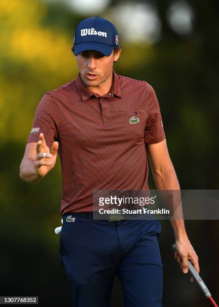 Benjamin Hébert of France reacts to his putt on the 18th hole during Day One of the Magical Kenya Open at Karen Country Club on March 18, 2021 in...