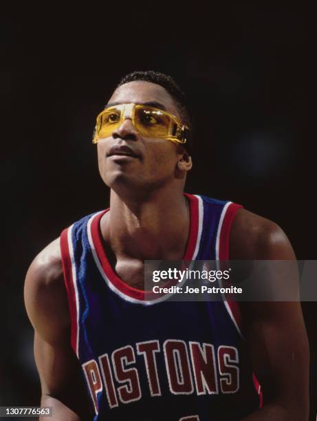 Isiah Thomas, Point Guard for the Detroit Pistons prepares to shoot a free throw during the NBA Midwest Division basketball game against the Dallas...