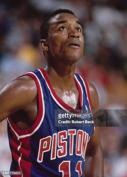 Isiah Thomas, Point Guard for the Detroit Pistons during the NBA Midwest Division basketball game against the Denver Nuggets on 12th December 1989 at...