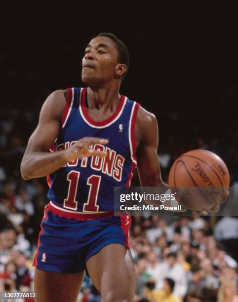 Isiah Thomas, Point Guard for the Detroit Pistons dribbles the basketball down court during the NBA Pacific Division basketball game against the Los...